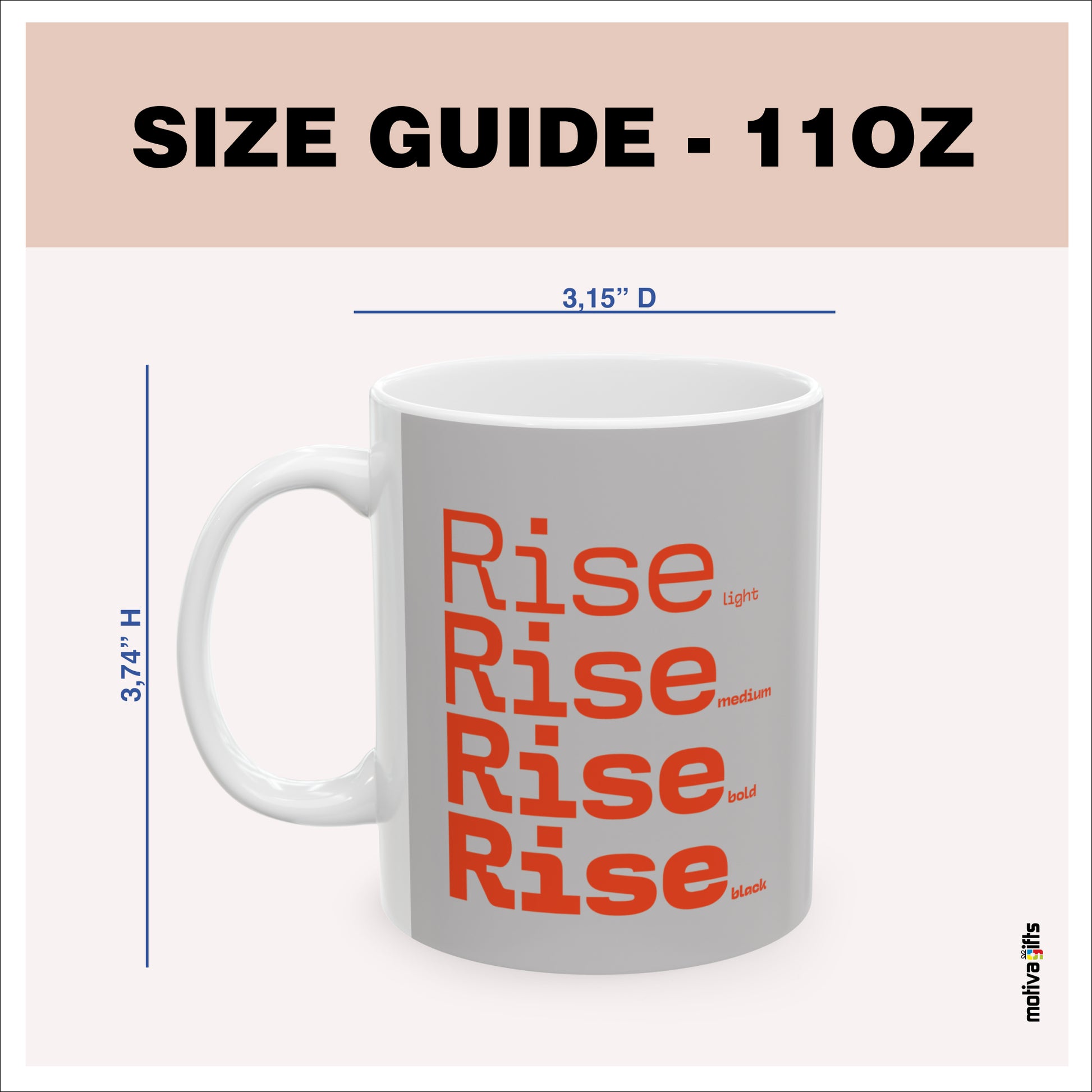 Size guide - 11 oz mug - 3.74H x3.15D