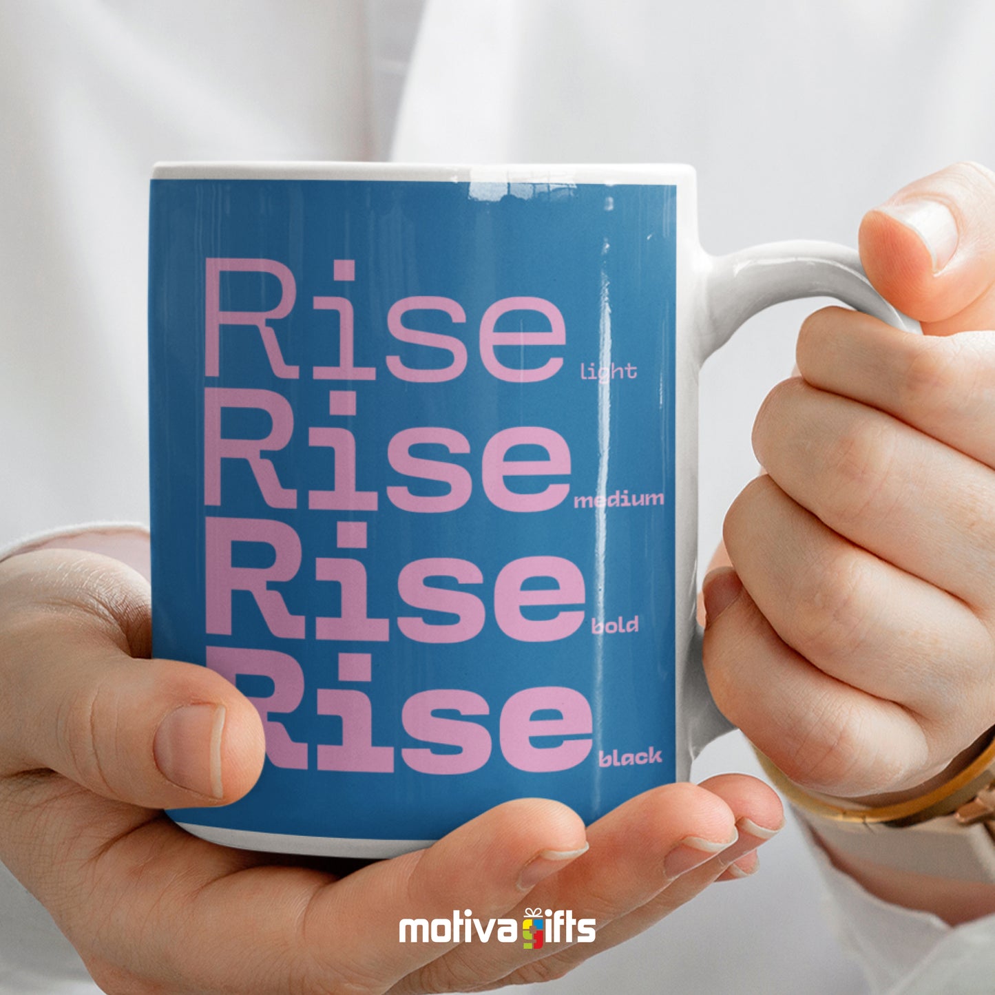 Woman holding a Rise Motivate Words Blue Mug - Motiva Gifts