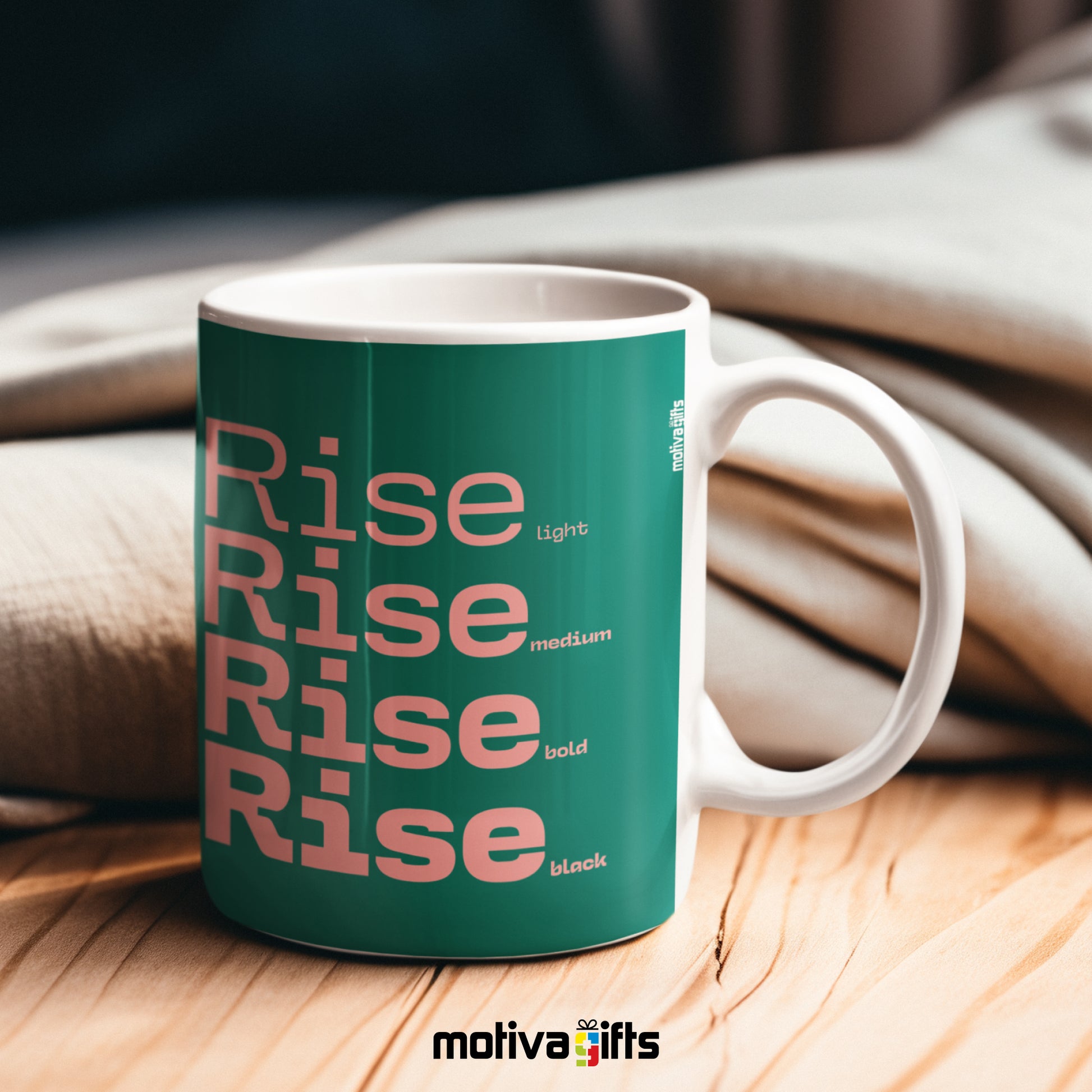 Rise Green Mug placed on a wooden table