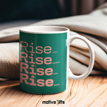 Rise Green Mug placed on a wooden table