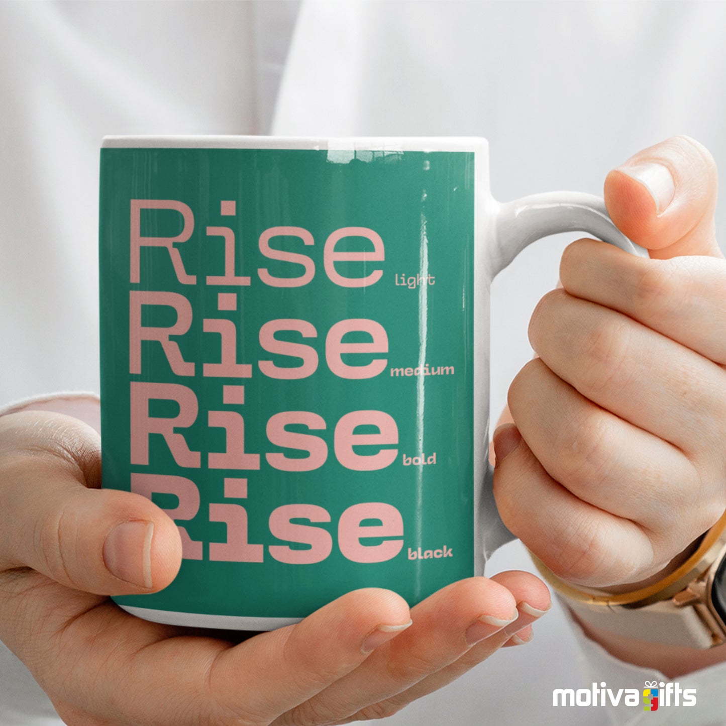 Woman holding a Rise Motivate Words Green Mug - Motiva Gifts