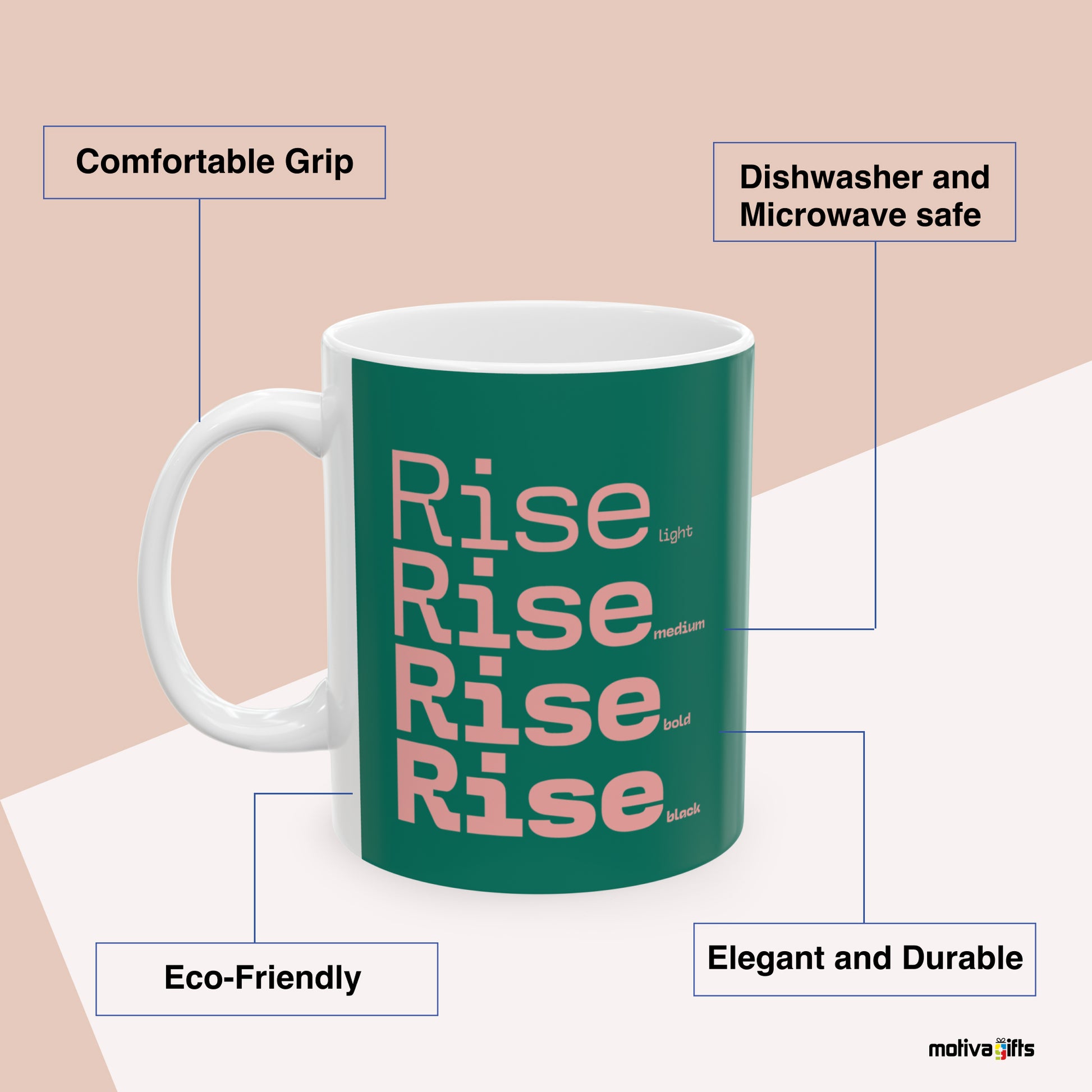 Rise Motivate Words Green Mug Benefits: comfortable grip, eco-friendly, dishwasher and microwave safe, elegant and durable. By Motiva Gifts