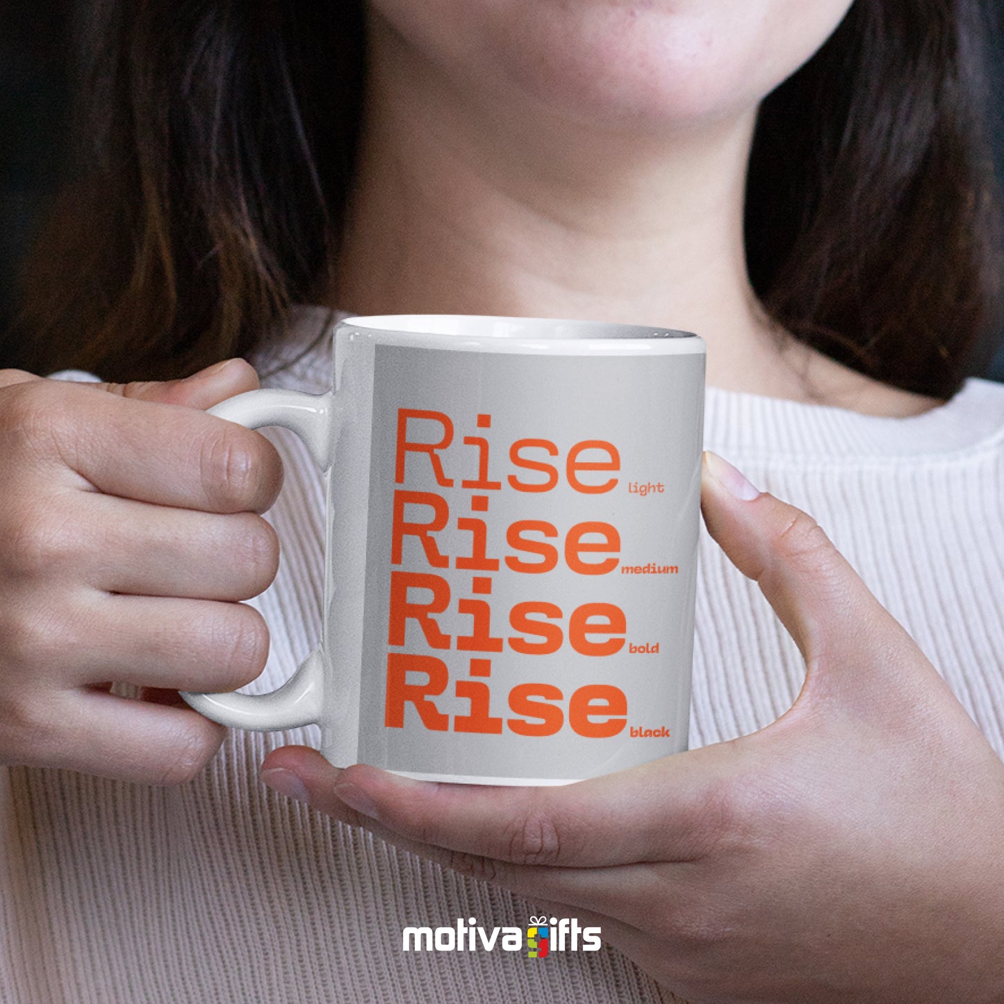 Woman holding a Rise Motivate Words Grey Mug - Motiva Gifts