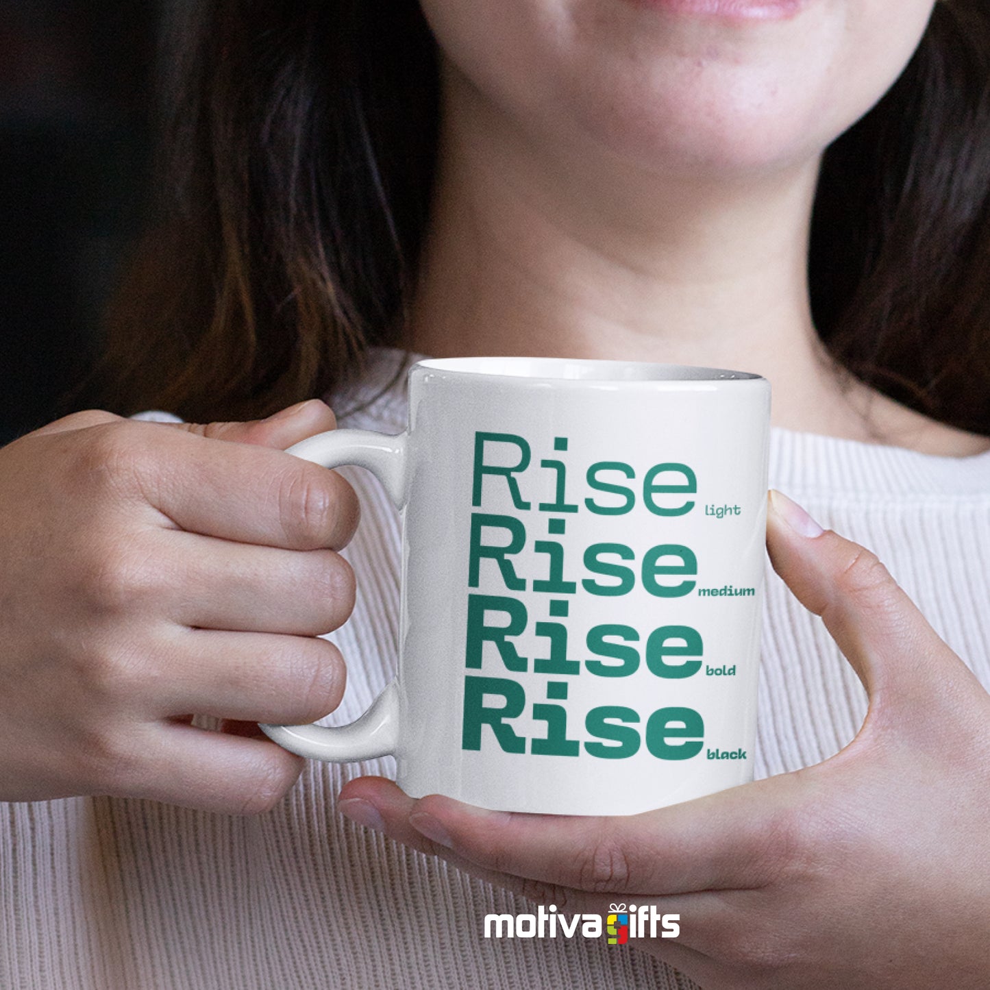 Woman holding a Rise Motivate Words White Mug - Motiva Gifts