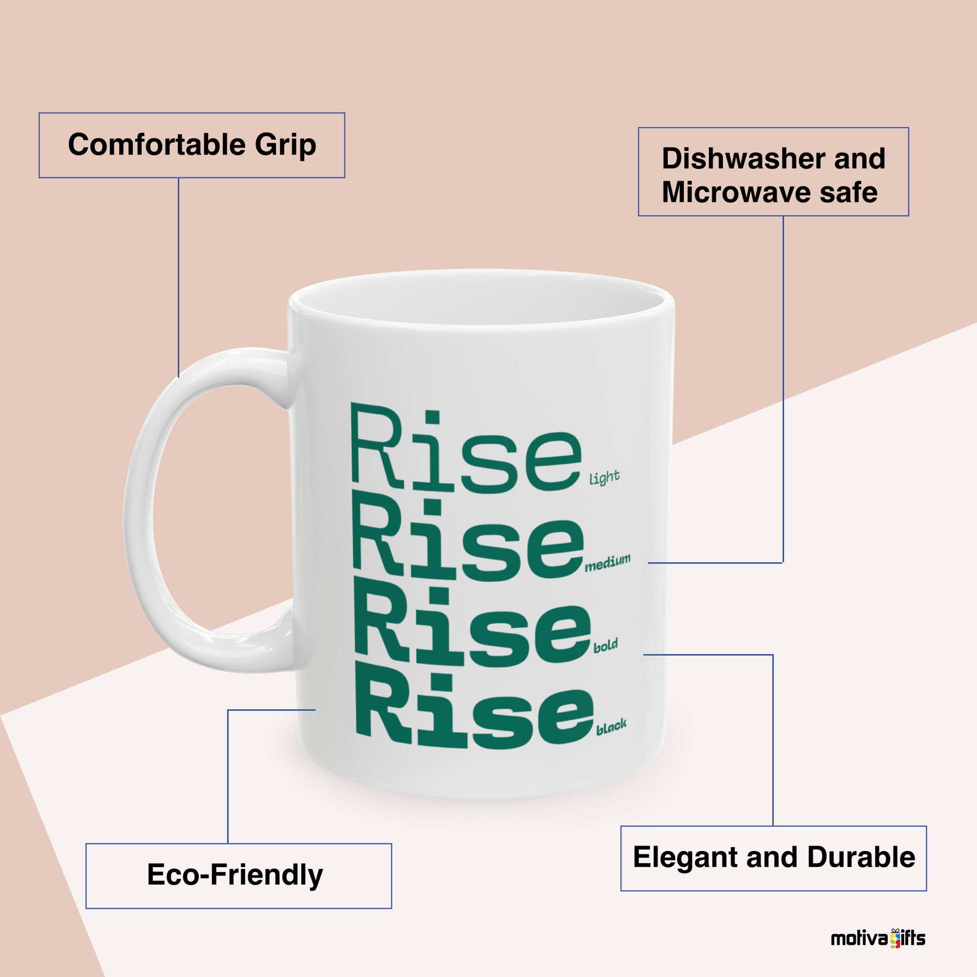 Rise Motivate Words White Mug Benefits: comfortable grip, eco-friendly, dishwasher and microwave safe, elegant and durable. By Motiva Gifts.