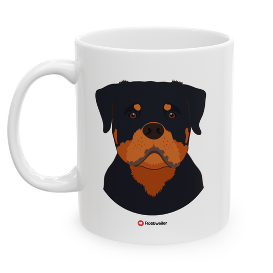 Left view white ceramic 11 oz mug featuring a drawing of a Rottweiler Dog. Clean white background.