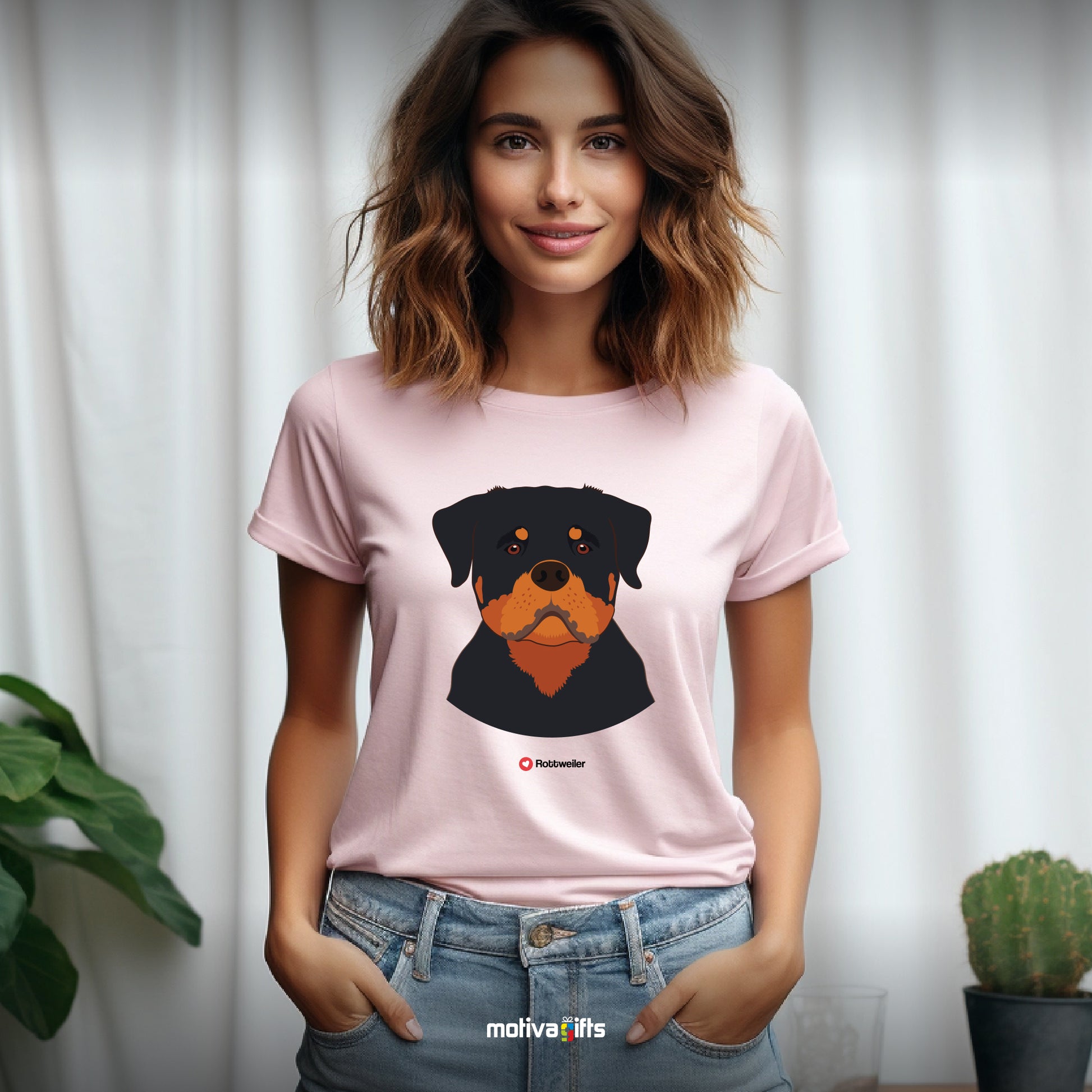 Woman wearing light pink tshirt Rottweiler design on the front, front view, by Motiva Gifts