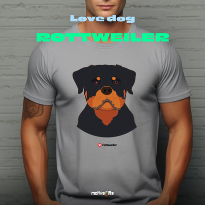 Man wearing sport gray tshirt with Rottweiler design on the front, front view, by Motiva Gifts.