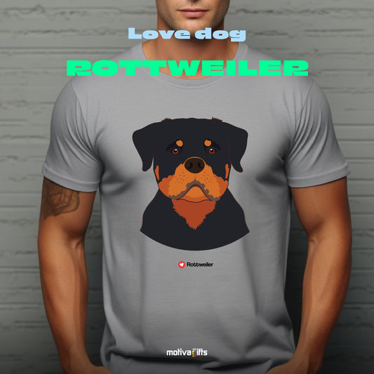 Man wearing sport gray tshirt with Rottweiler design on the front, front view, by Motiva Gifts.