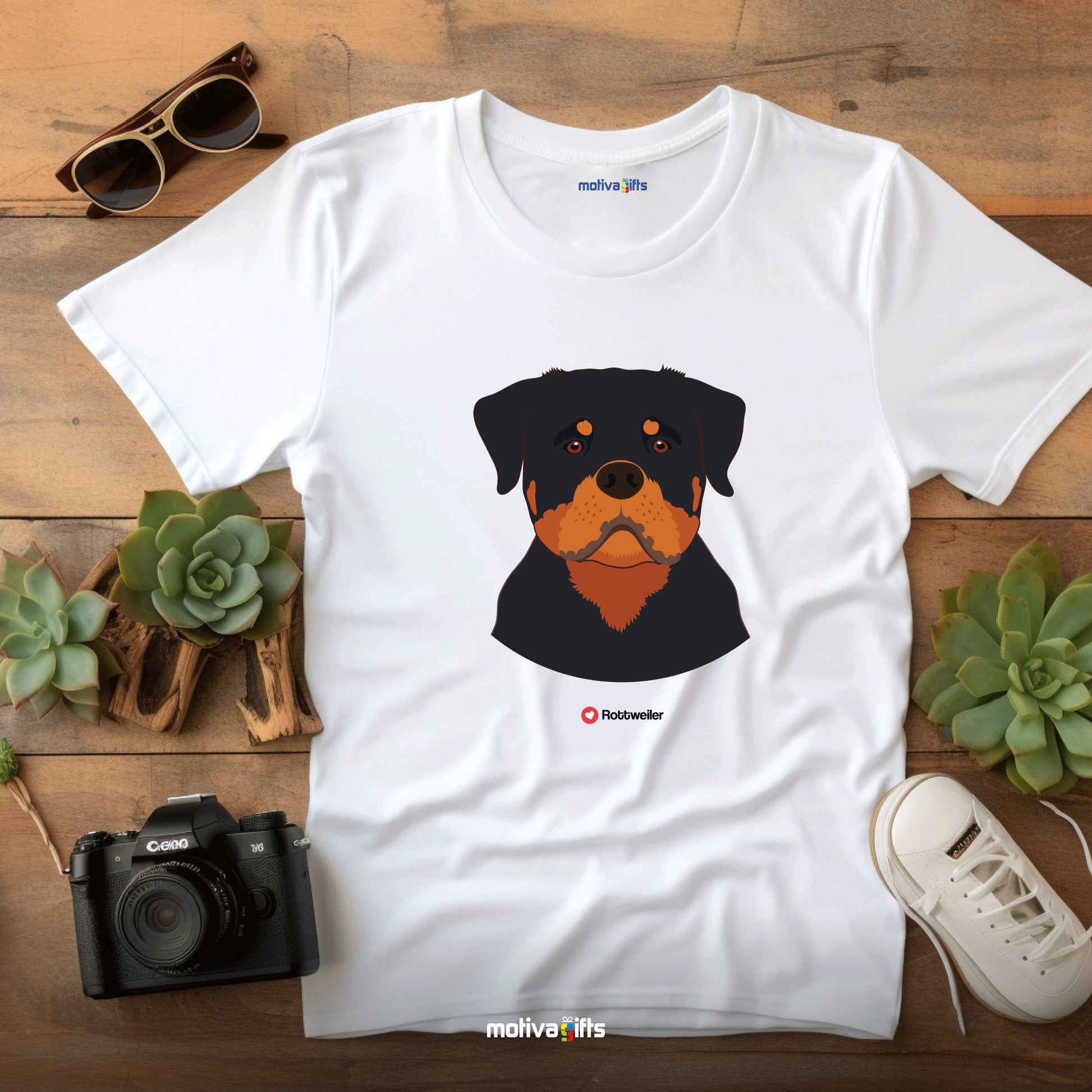 Flatlay, white tshirt with Rottweiler design on the front, front view, by Motiva Gifts