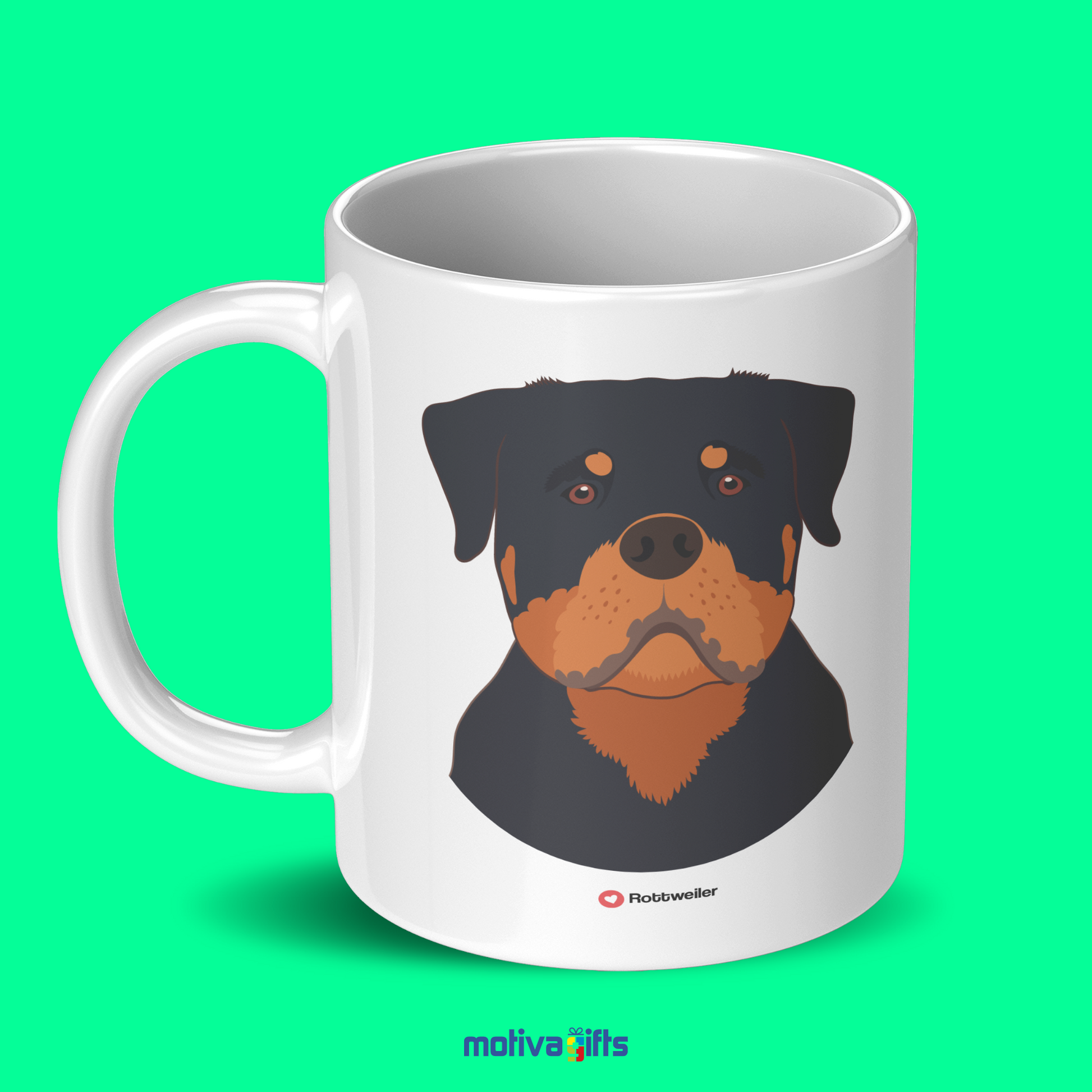 Discover the Love Dog Collection at Motiva Gifts - Featuring a  Rottweiler  design, 11 oz Ceramic Mug. Our white ceramic mug is perfect for both hot and cold beverages, and it is dishwasher, microwave safe. Available at Motiva Gifts - Shop Now!