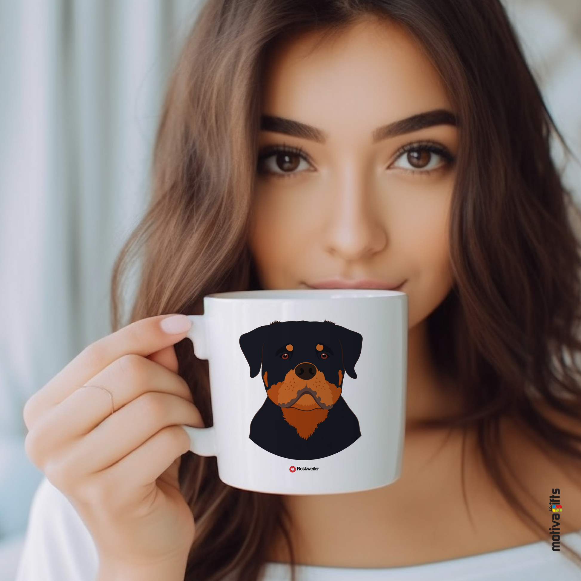 Explore the Love Dogs Collection: Woman Holds Unique  Rottweiler dog Design on a White 11oz Ceramic Mug, Exclusively at Motiva Gifts. Savor Your Coffee with Style!