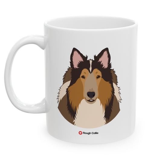 Left view white ceramic 11 oz mug featuring a drawing of a Rough Collie Dog. Clean white background.