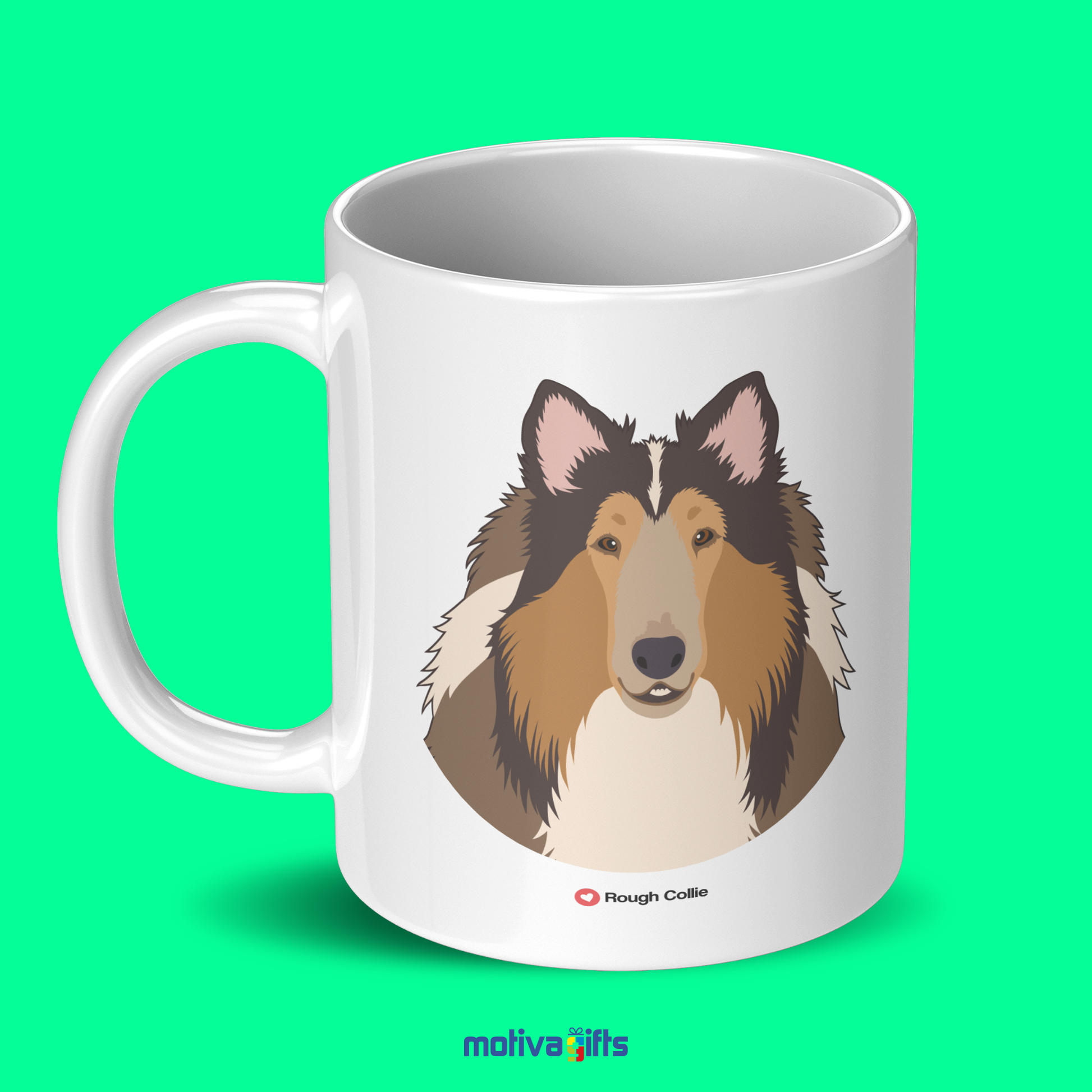 Discover the Love Dog Collection at Motiva Gifts - Featuring a  Rough Collie  design, 11 oz Ceramic Mug. Our white ceramic mug is perfect for both hot and cold beverages, and it is dishwasher, microwave safe. Available at Motiva Gifts - Shop Now!