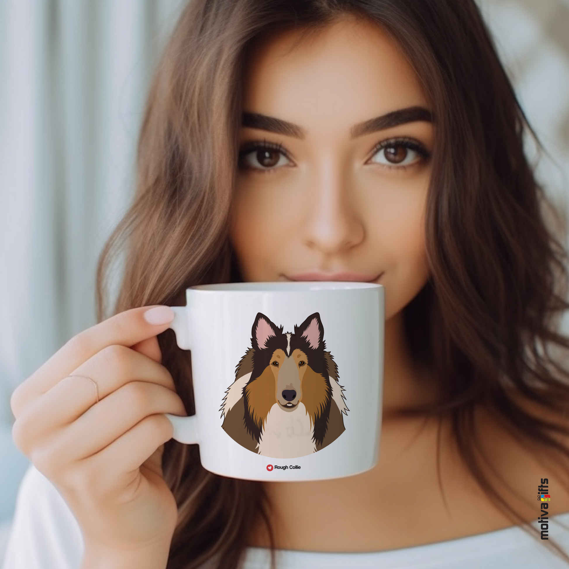 Explore the Love Dogs Collection: Woman Holds Unique  Rough Collie dog Design on a White 11oz Ceramic Mug, Exclusively at Motiva Gifts. Savor Your Coffee with Style!