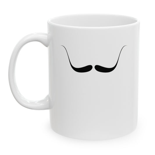 Photo of a white ceramic mug with a drawing of Salvador Dali's mustache, set against a plain white background.