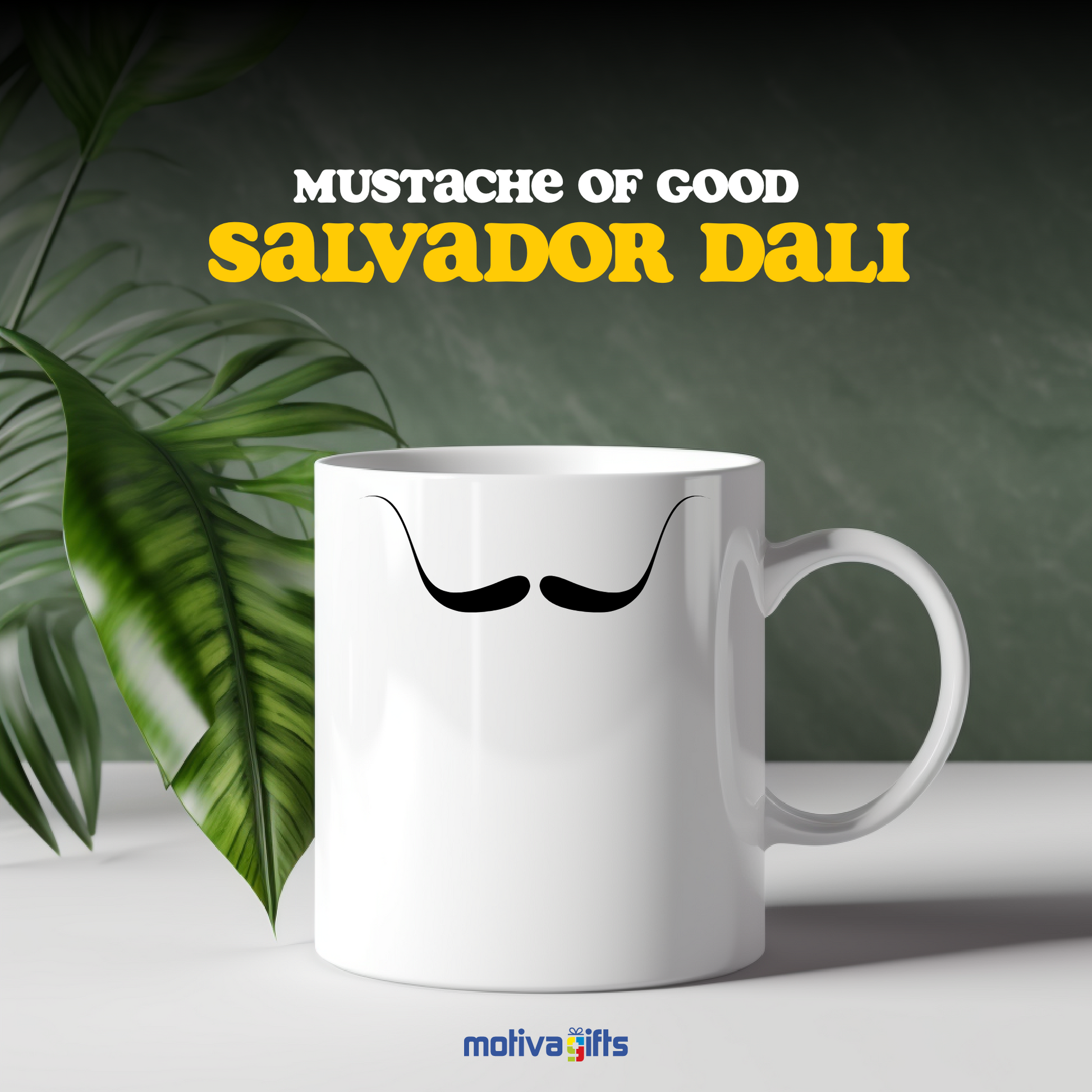 Front view of white coffee mug with black mustache inspired by Salvador Dali by Motiva Gifts