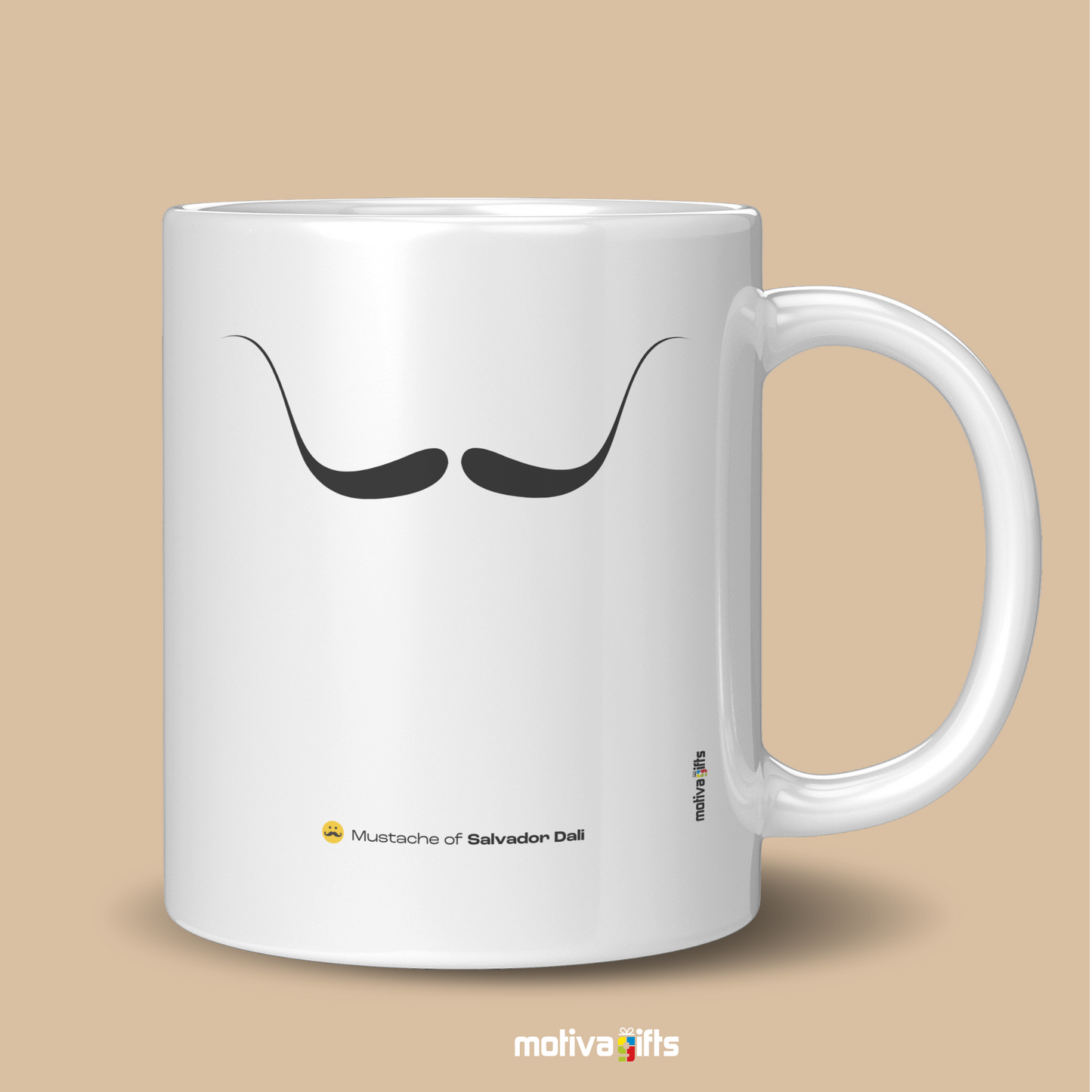 Left view of white coffee mug with black mustache design inspired by Salvador Dali By Motiva Gifts