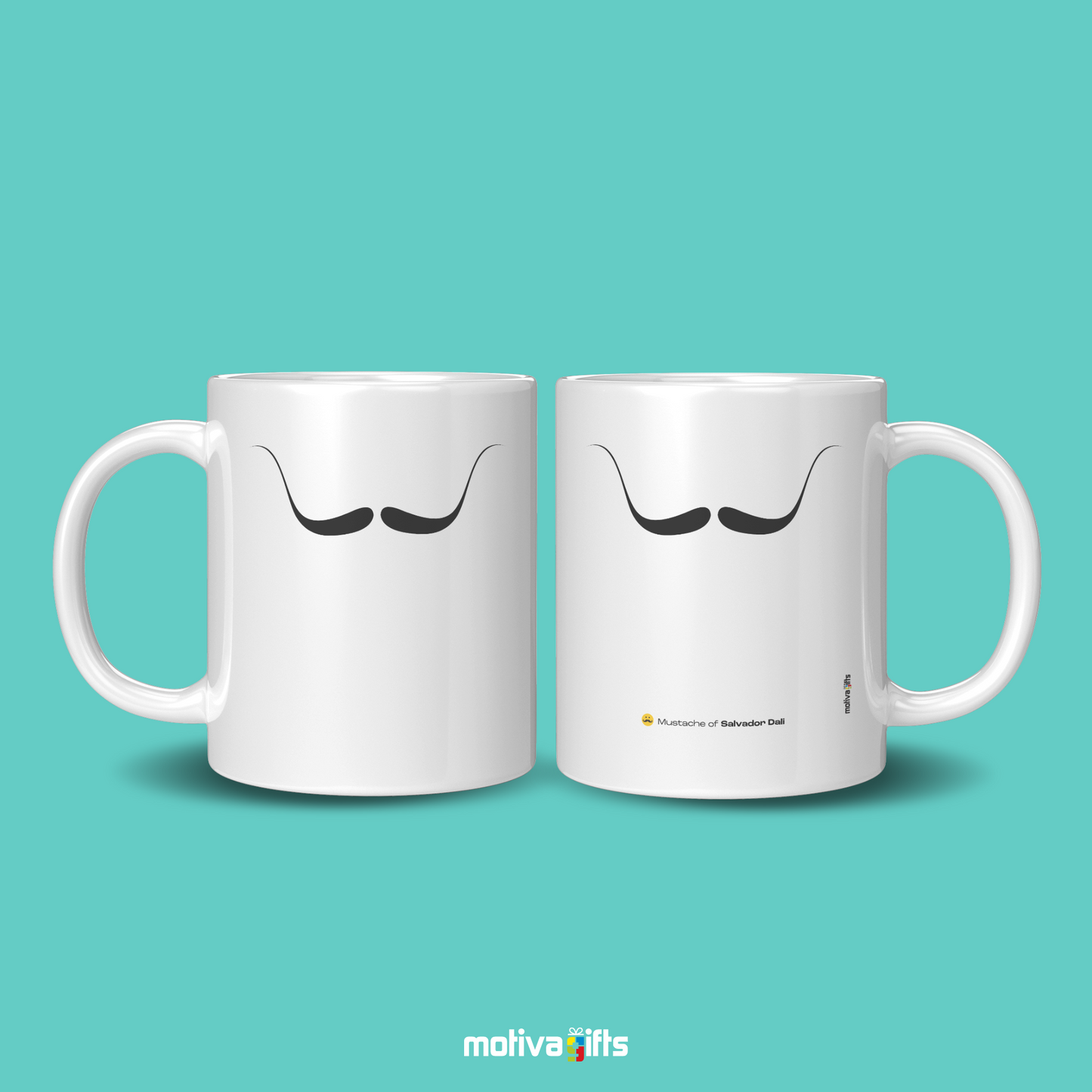 Front view with 2 white coffee mug with black mustache design inspired by Salvador Dali By Motiva Gifts 