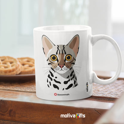 Back view of a white 11oz ceramic mug featuring Savannah cat love art.