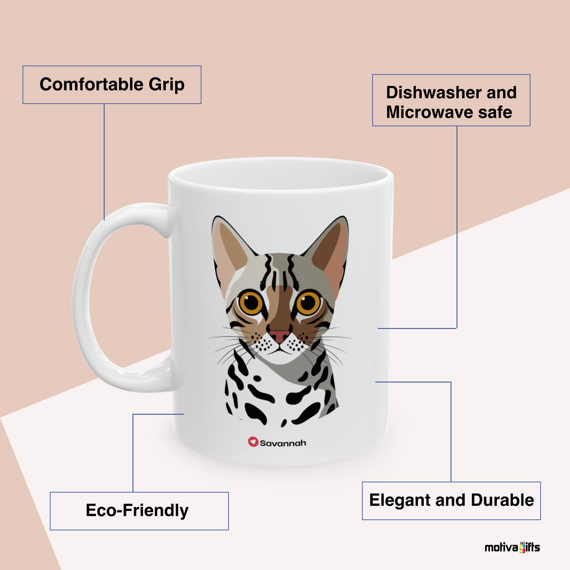 Savannah Love Cat Benefits: comfortable grip, eco-friendly, dishwasher and microwave safe, elegant and durable. By Motiva Gifts.