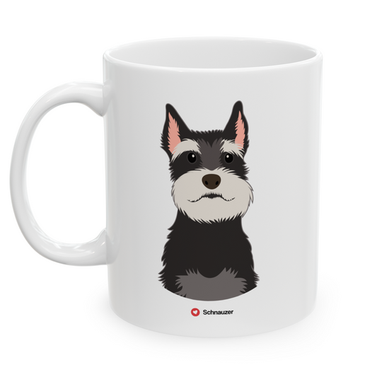 Left view white ceramic 11 oz mug featuring a drawing of a Schnauzer Dog. Clean white background.