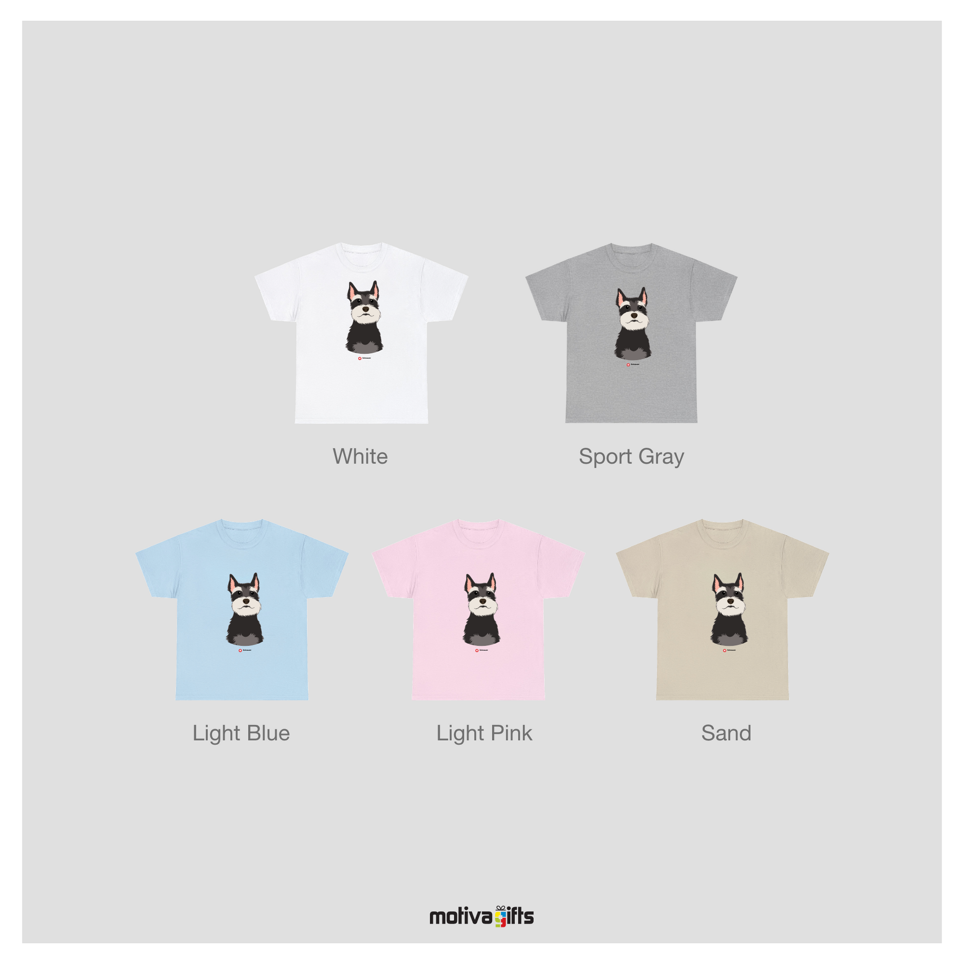 Colour chart display mockup of white, sport grey light blue, light pink, and sand tshirt.