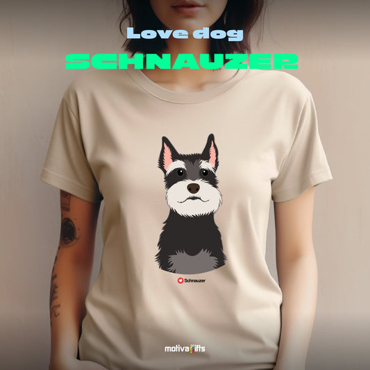 Woman wearing sand tshirt with Schnauzer design on the front, front view, by Motiva Gifts.