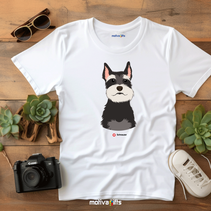 Flatlay, white tshirt with Schnauzer design on the front, front view, by Motiva Gifts.