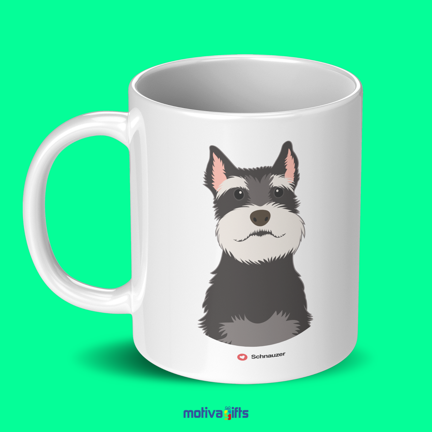 Discover the Love Dog Collection at Motiva Gifts - Featuring a  Schnauzer  design, 11 oz Ceramic Mug. Our white ceramic mug is perfect for both hot and cold beverages, and it is dishwasher, microwave safe. Available at Motiva Gifts - Shop Now!