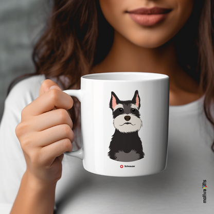 Explore the Love Dogs Collection: Woman Holds Unique  Schnauzer  dog Design on a White 11oz Ceramic Mug, Exclusively at Motiva Gifts. Savor Your Coffee with Style!