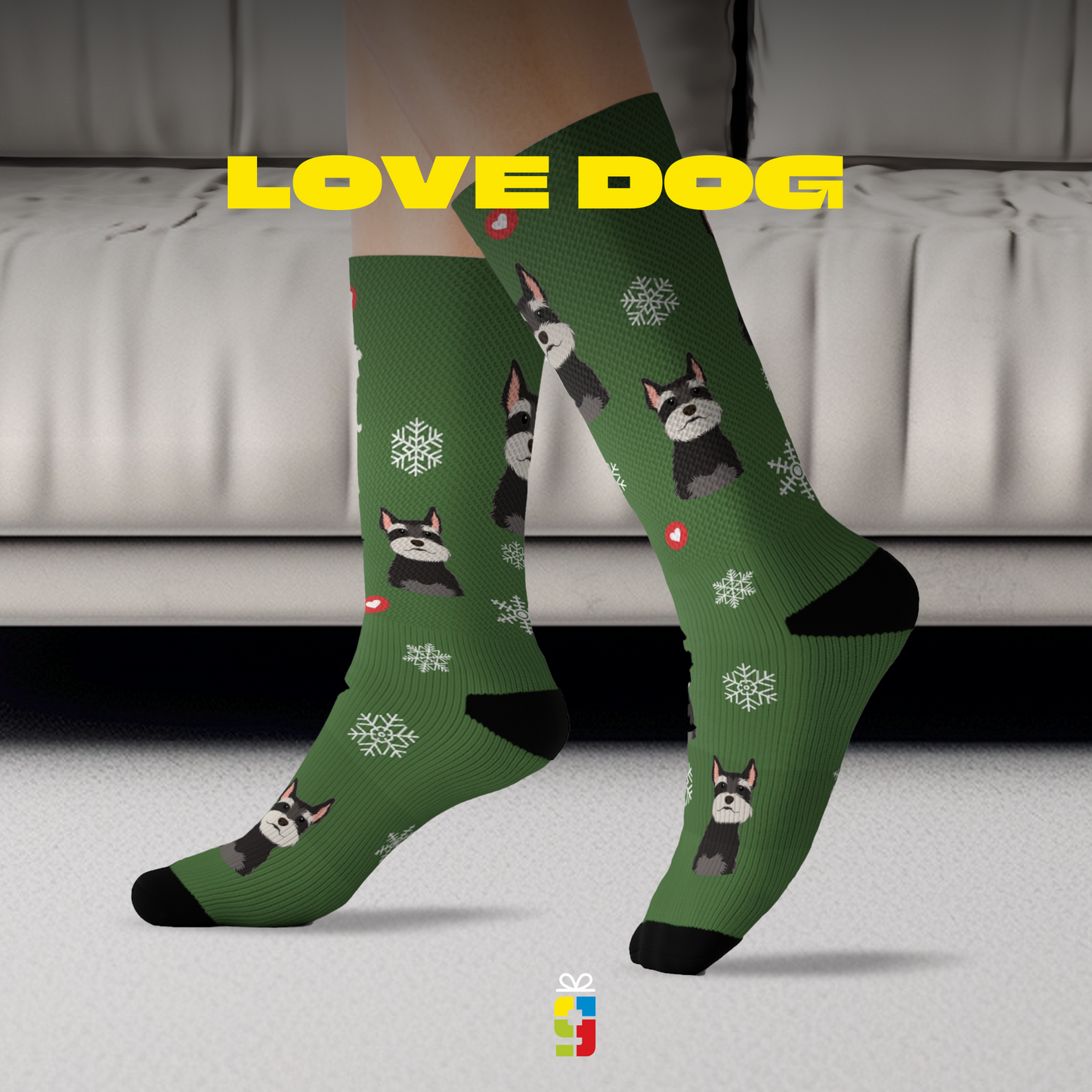 Wrap yourself in these charming dog socks with snowflakes and a cute Schnauzer design. Ideal for cold winter days!