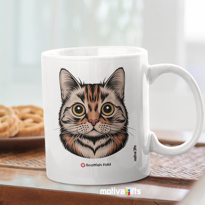 Back view of a white 11oz ceramic mug featuring Scottish Fold cat love art.