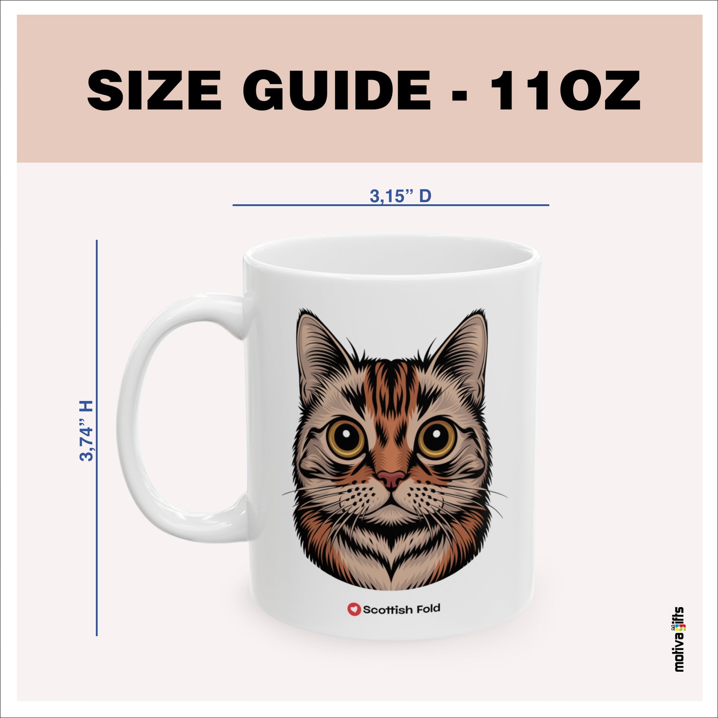 Size guide - 11 oz mug - 3.74H x3.15D