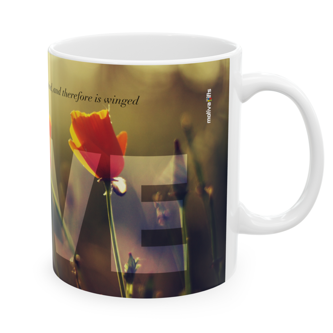 Right view of a white ceramic mug with a wraparound design featuring a landscape, displaying the word ‘Love’ top a quote by William Shakespeare: ‘Love looks not with the eyes but with the mind, and therefore is winged Cupid painted blind’, set against a plain white background.