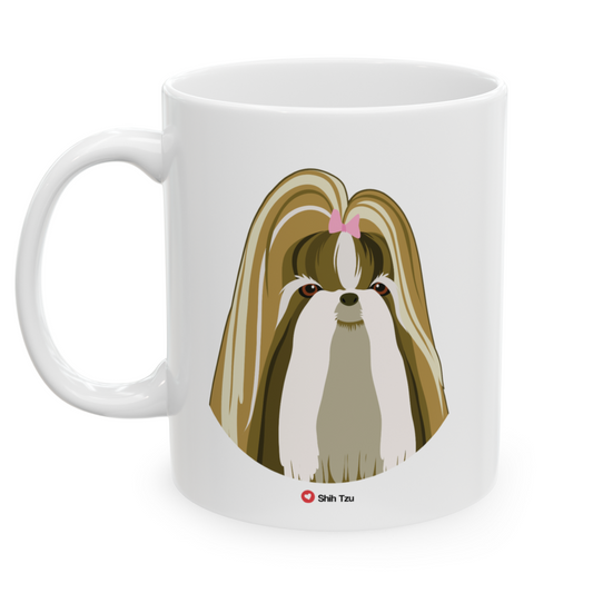 Left view white ceramic 11 oz mug featuring a drawing of a Shih Tzu Dog. Clean white background.