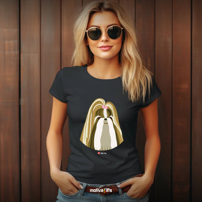 Woman wearing black tshirt with Shih Tzu design on the front, front view, by Motiva Gifts.