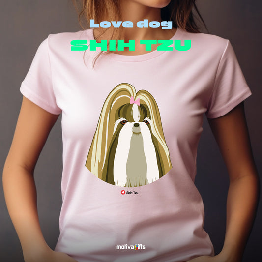 Woman wearing light pink tshirt with Shih Tzu design on the front, front view, by Motiva Gifts.