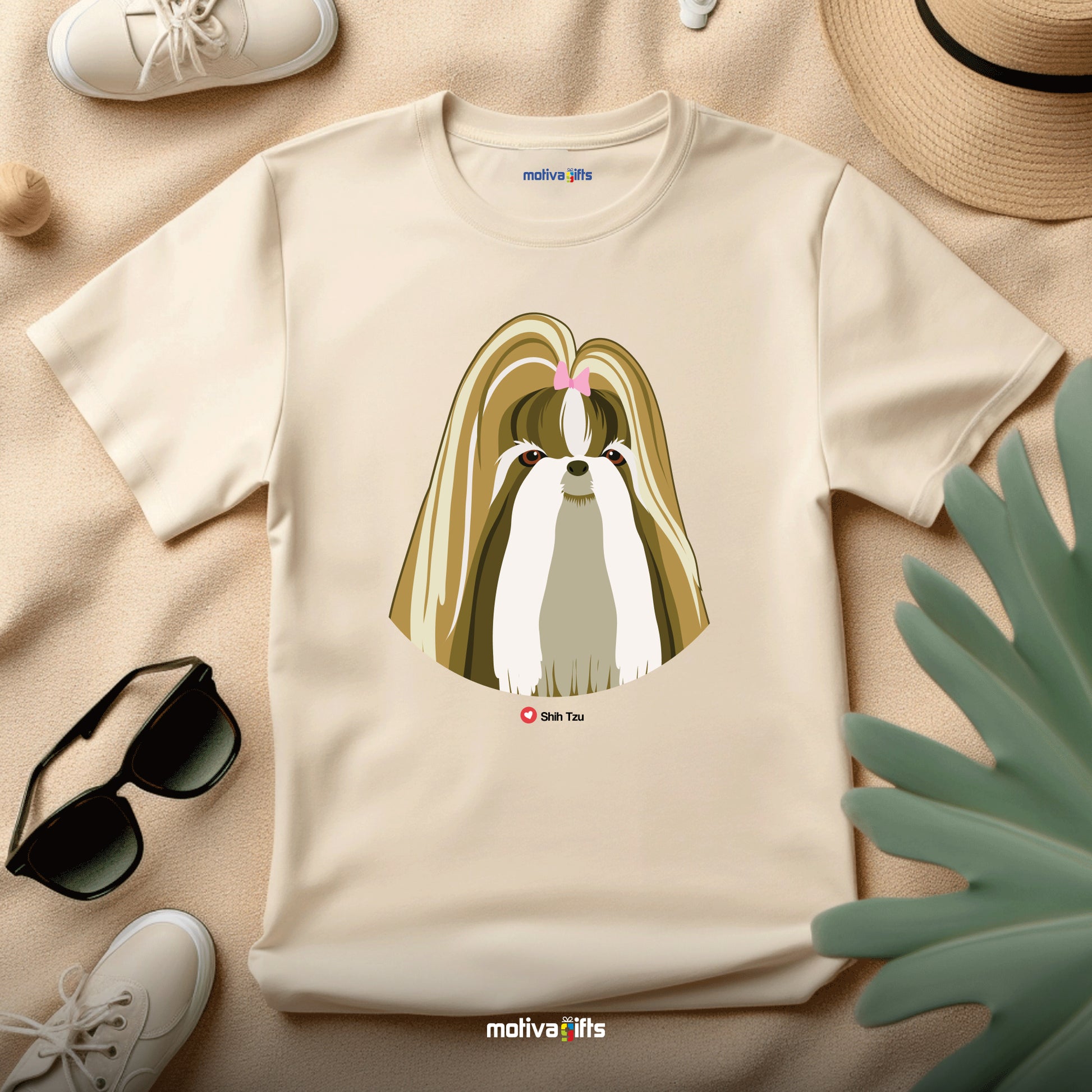 Flatlay, sand tshirt with Shih Tzu design on the front, front view, by Motiva Gifts.