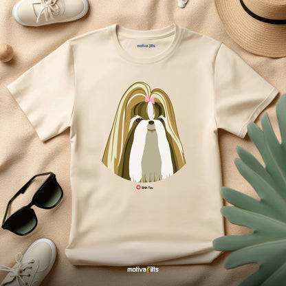 Flatlay, sand tshirt with Shih Tzu design on the front, front view, by Motiva Gifts.