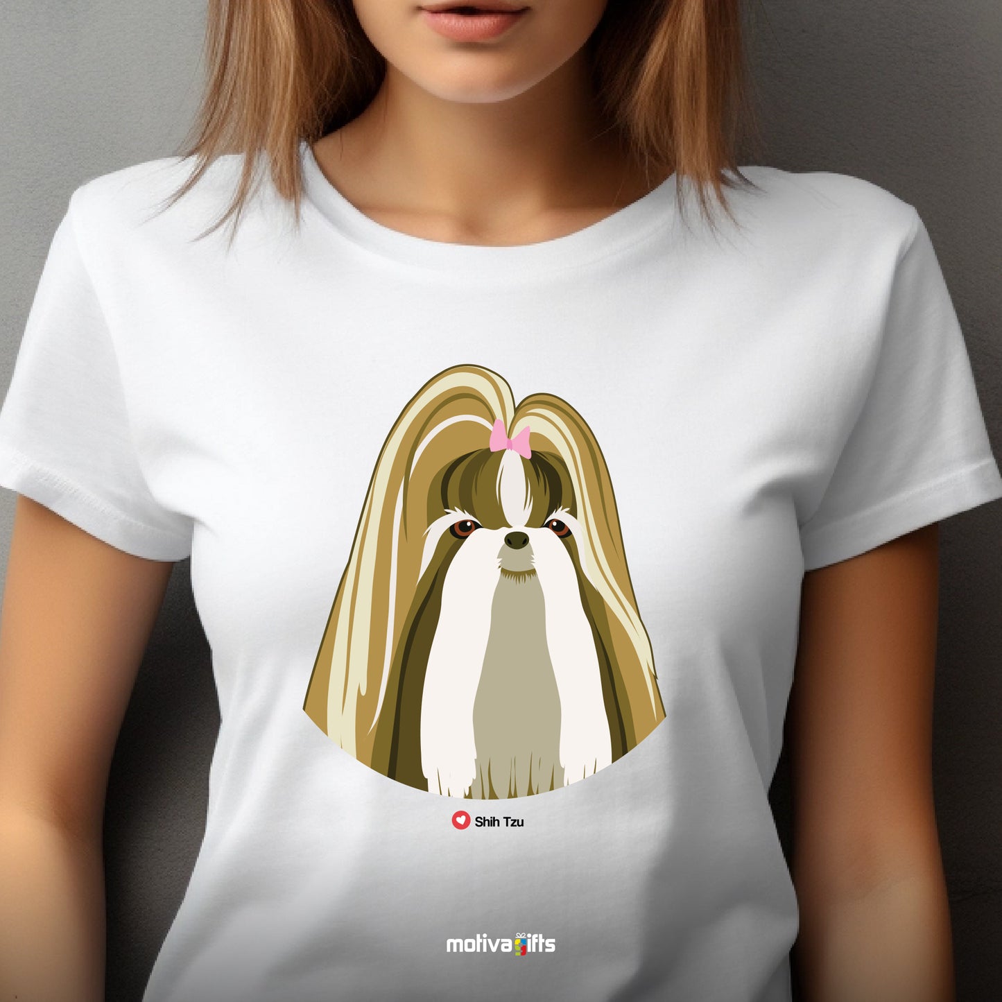 Woman wearing white tshirt with Shih Tzu design on the front, front view, by Motiva Gifts.