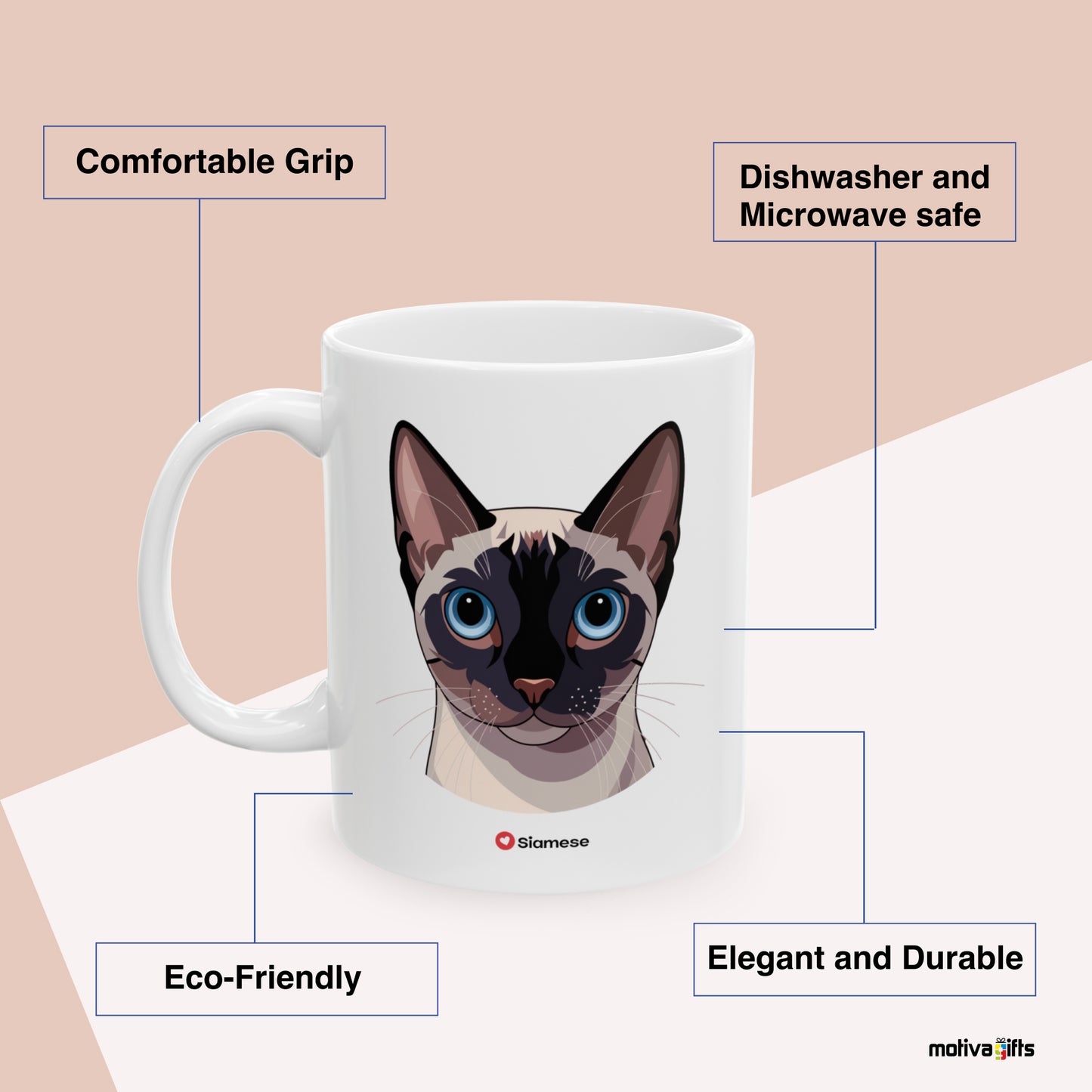 Siamese Love Cat Benefits: comfortable grip, eco-friendly, dishwasher and microwave safe, elegant and durable. By Motiva Gifts.