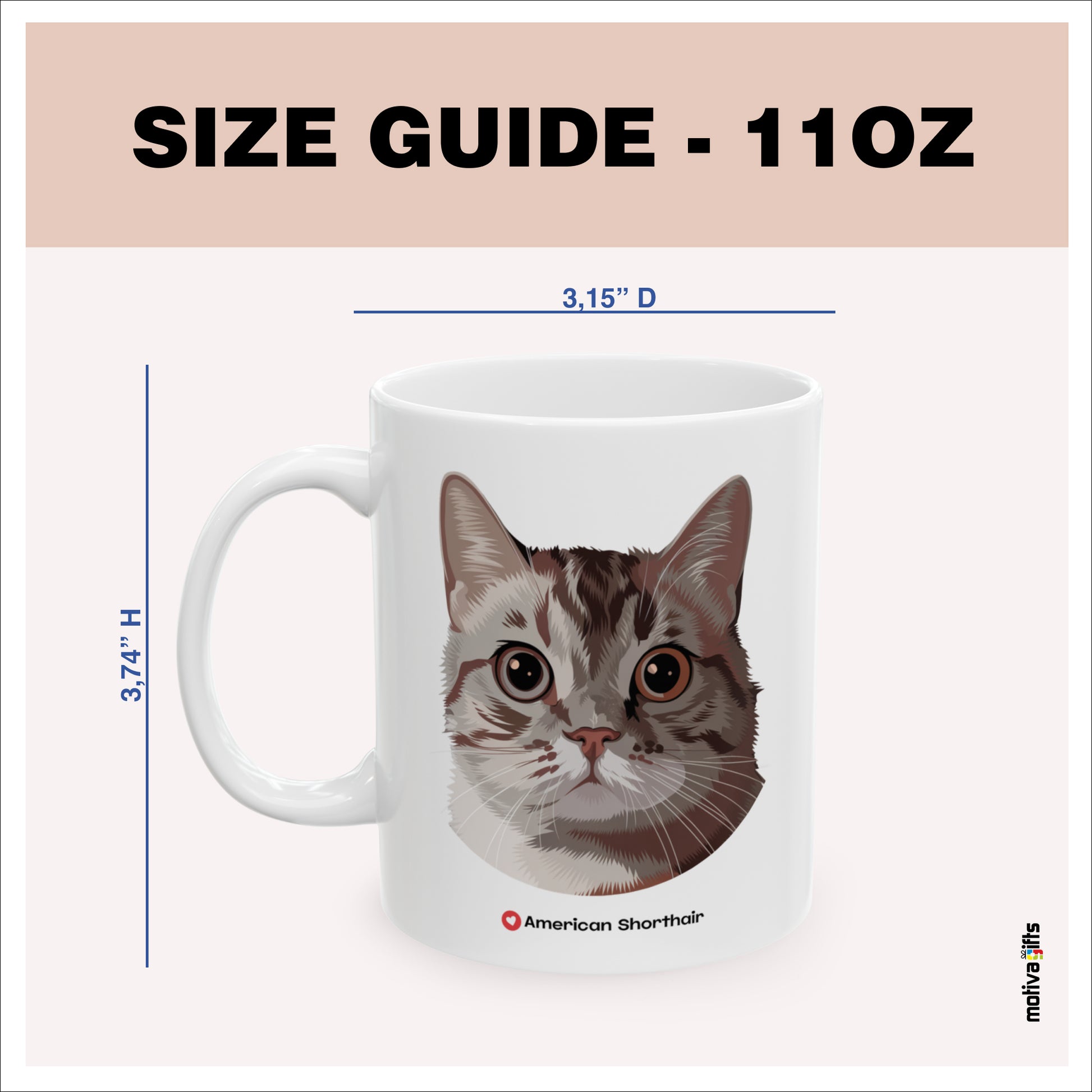 Size guide - 11 oz mug - 3.74H x3.15D