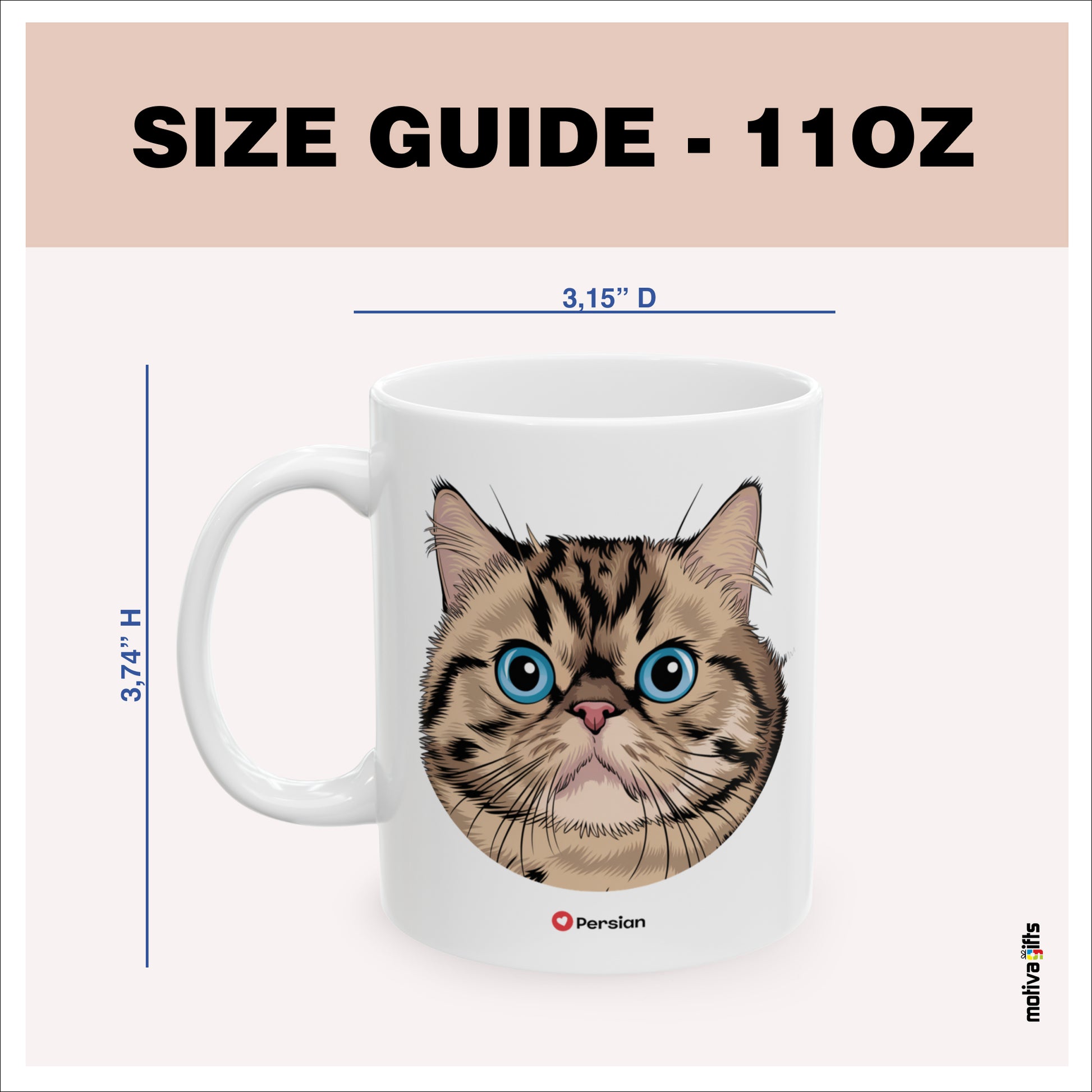 Size guide - 11 oz mug - 3.74H x3.15D