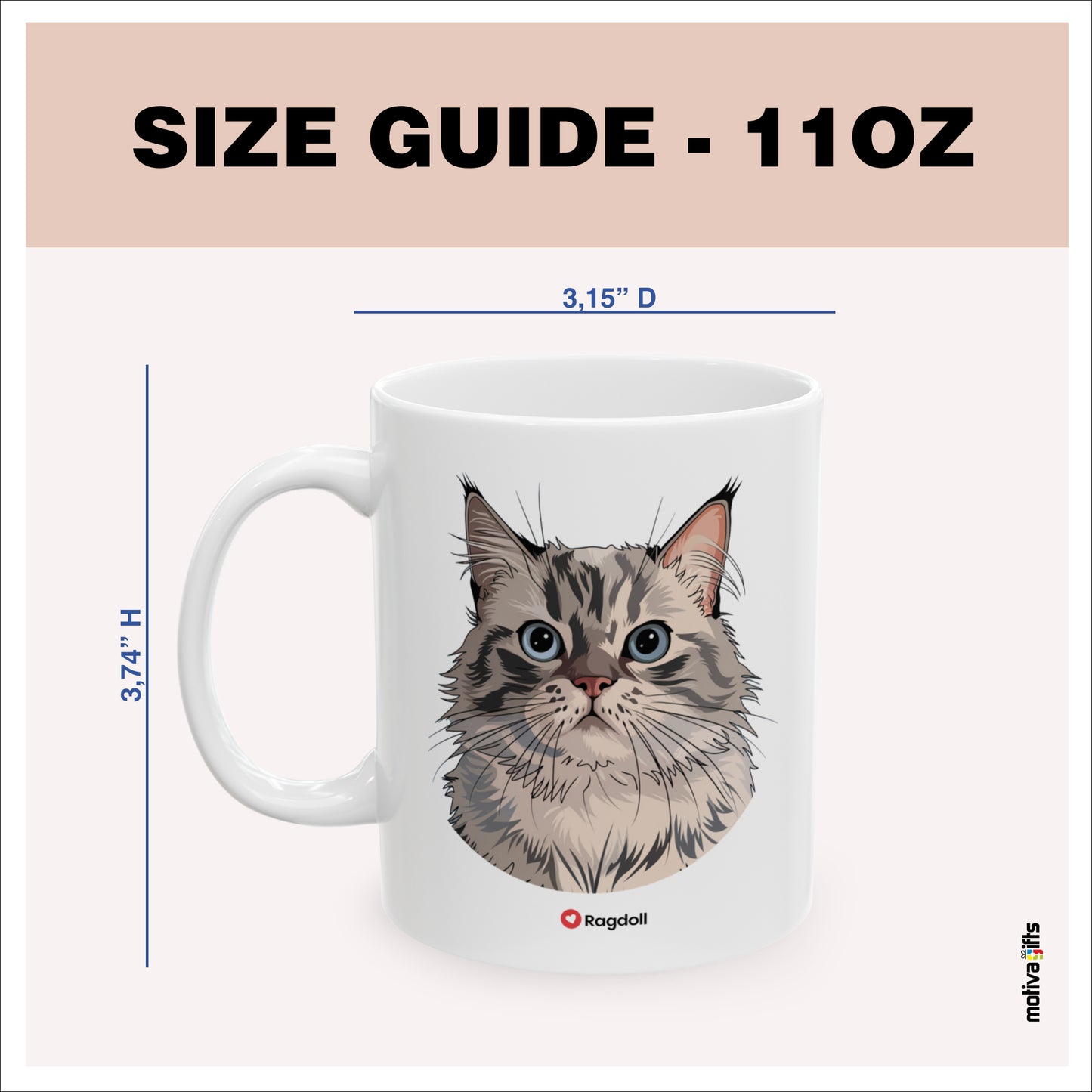 Size guide - 11 oz mug - 3.74H x3.15D