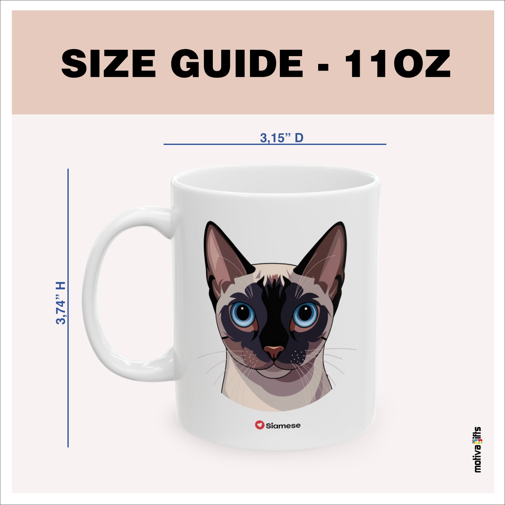 Size guide - 11 oz mug - 3.74H x3.15D