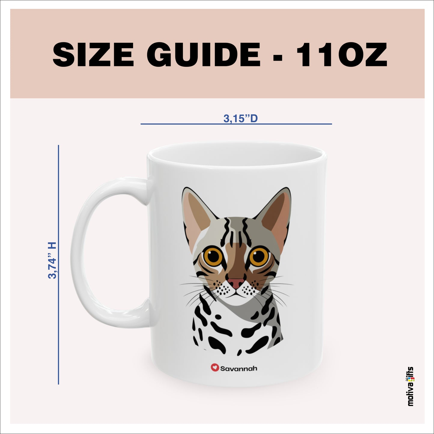 Size guide - 11 oz mug - 3.74H x3.15D