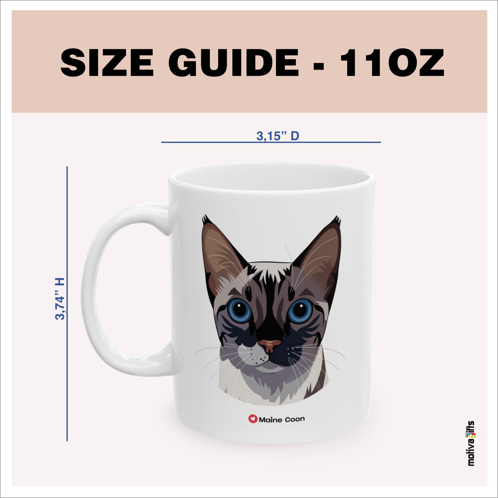 Size guide - 11 oz mug - 3.74H x3.15D