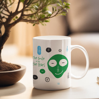 White ceramic mug with a drawing of Smile Of The Stars Mug featuring a modern table in a relaxing setting