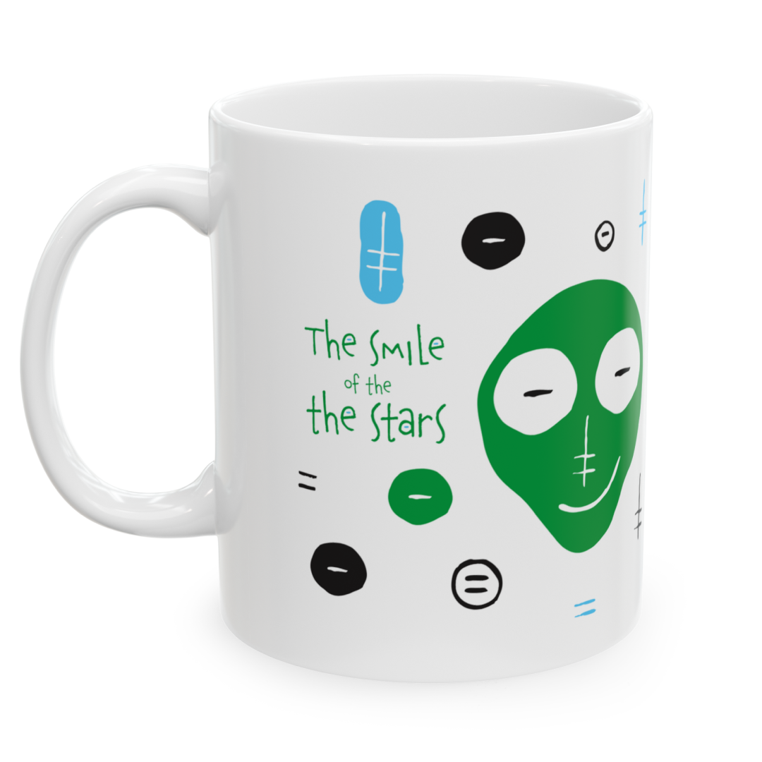 Photo of a white ceramic mug with a drawing of Smile Of The Stars Mug, set against a plain white background